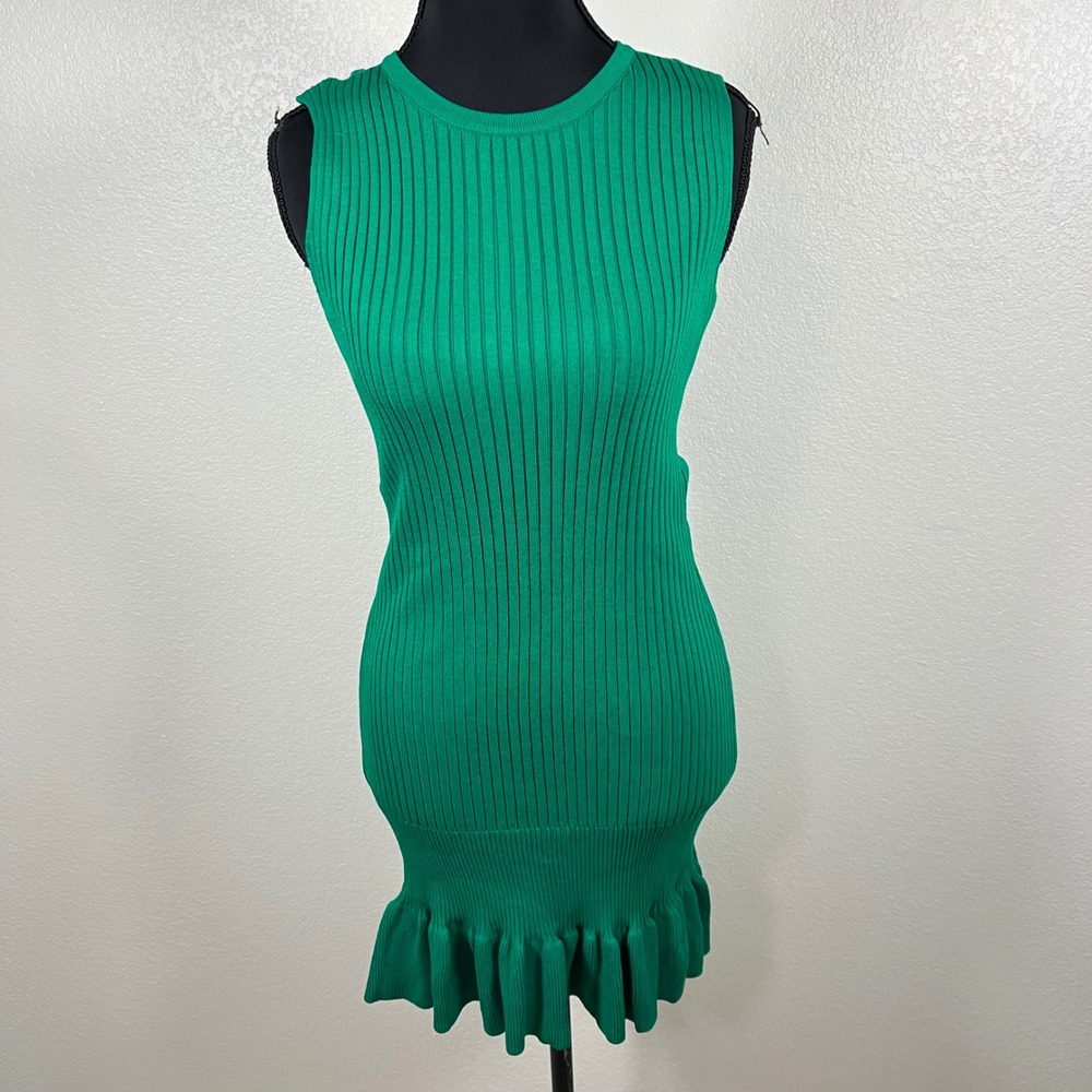 MICAS Green Ribbed Knit Sleeveless Ruffle Hem Mini Cocktail Party Dress Sz L